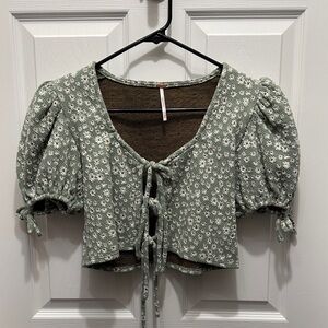 Free People Green Floral Puff Sleeve Crop Top
